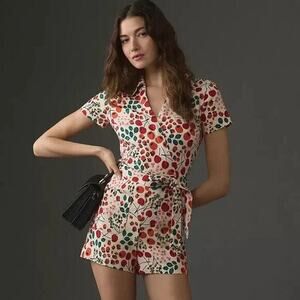 NWT Anthropologie Maeve Linen Short Sleeve Fruit Print Wrap Romper Sz 2